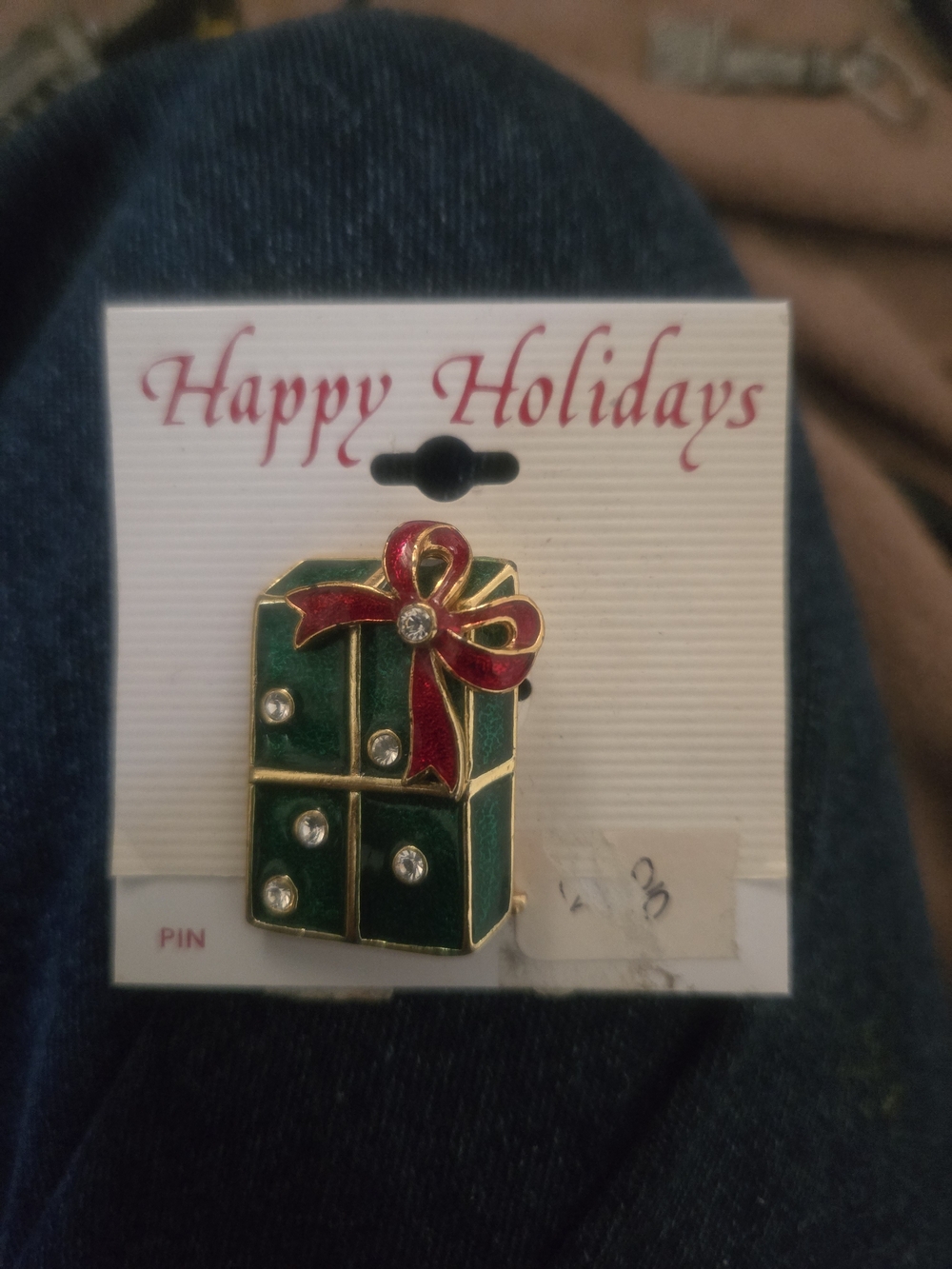 Happy Holidays Green and Red Gift Pin - Holiday Present Brooch